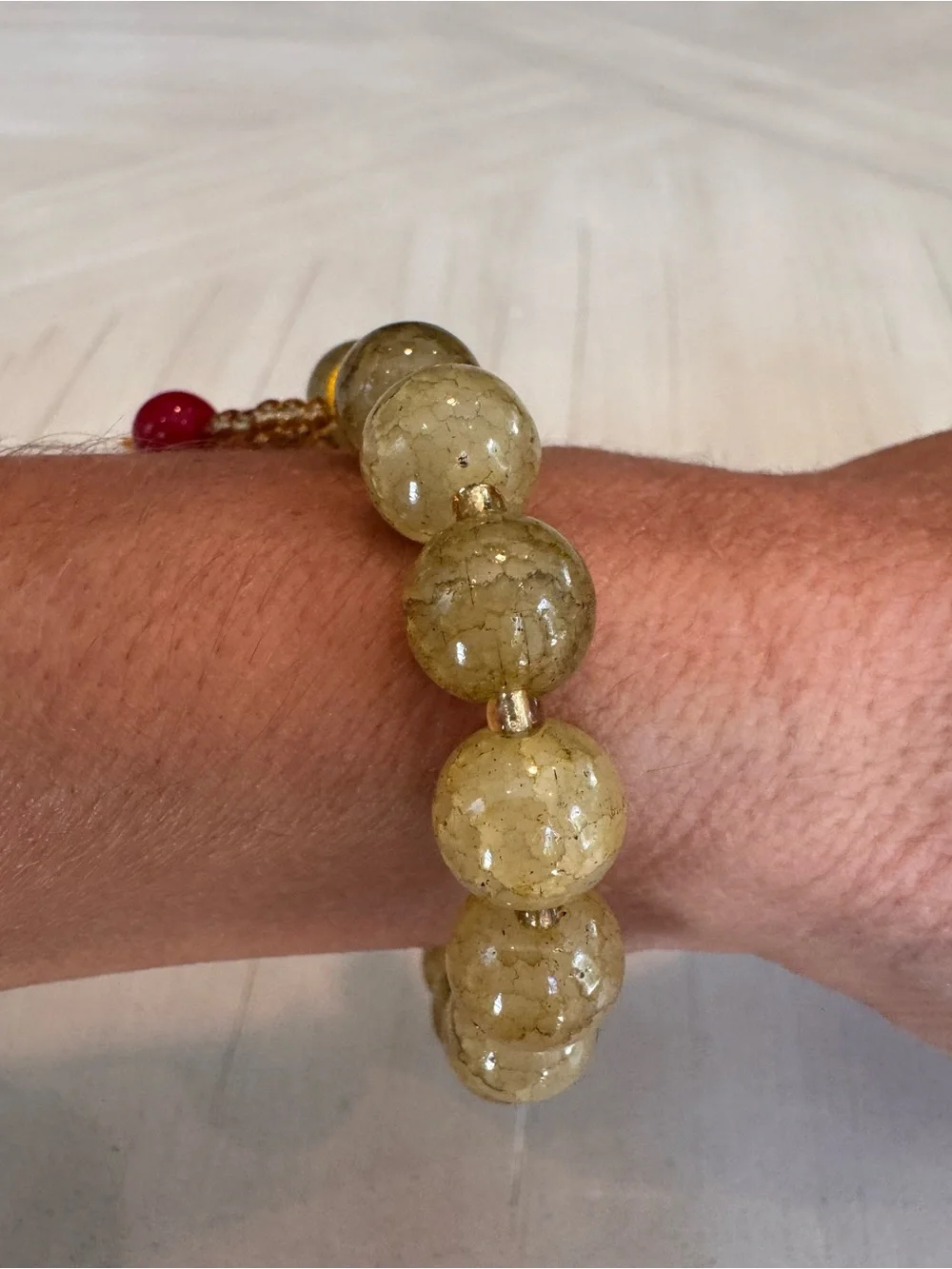 Green & Brown Dragon Vein Agate-Style Beaded Stretch Bracelet w/Red Dangle Charm